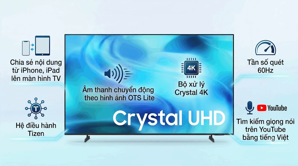 Tivi Samsung Crystal UHD 4K với bộ xử lý Crystal 4K, hệ điều hành Tizen và tần số quét 60Hz